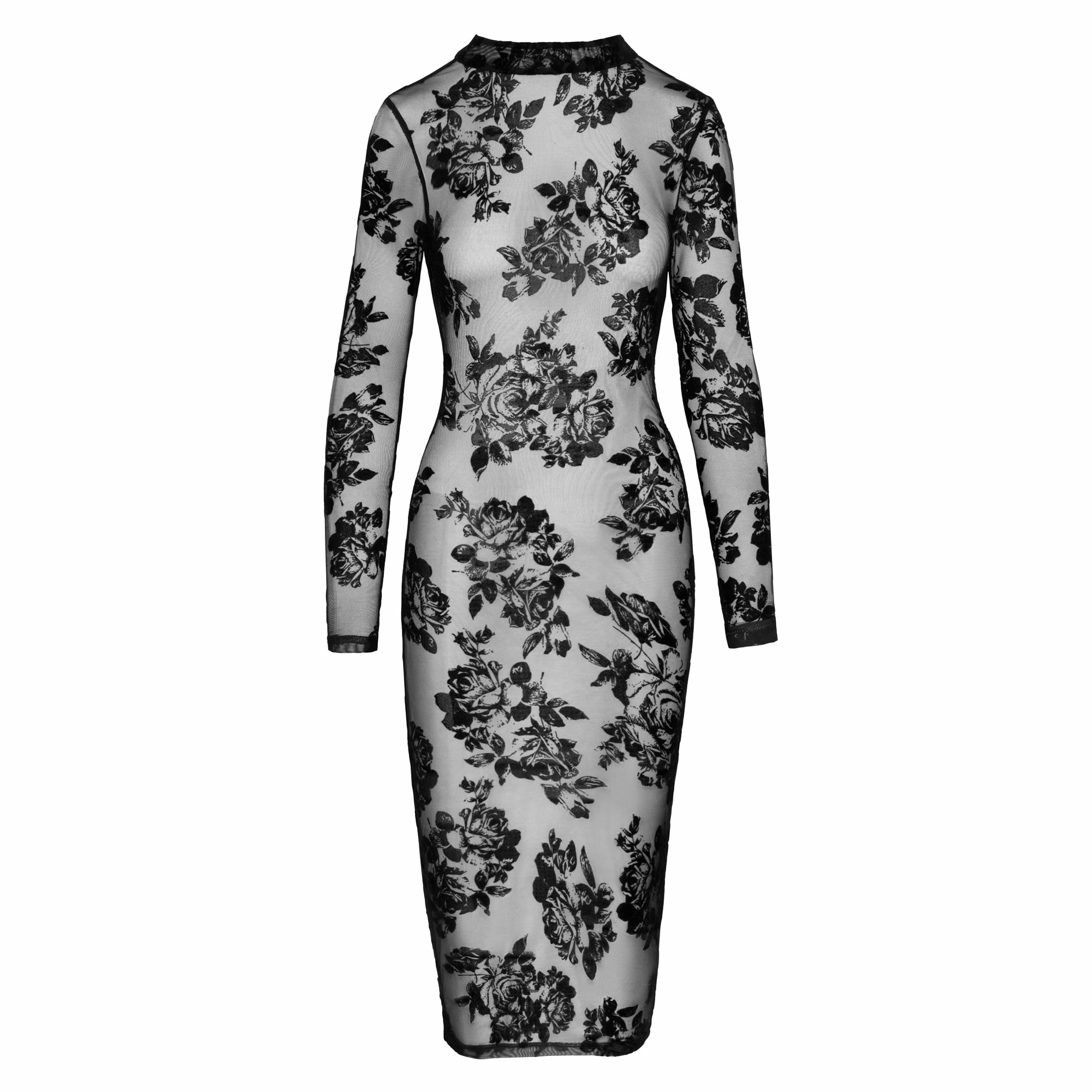 Noir Kleid aus Stretchtll mit Floral-Samtflockprint