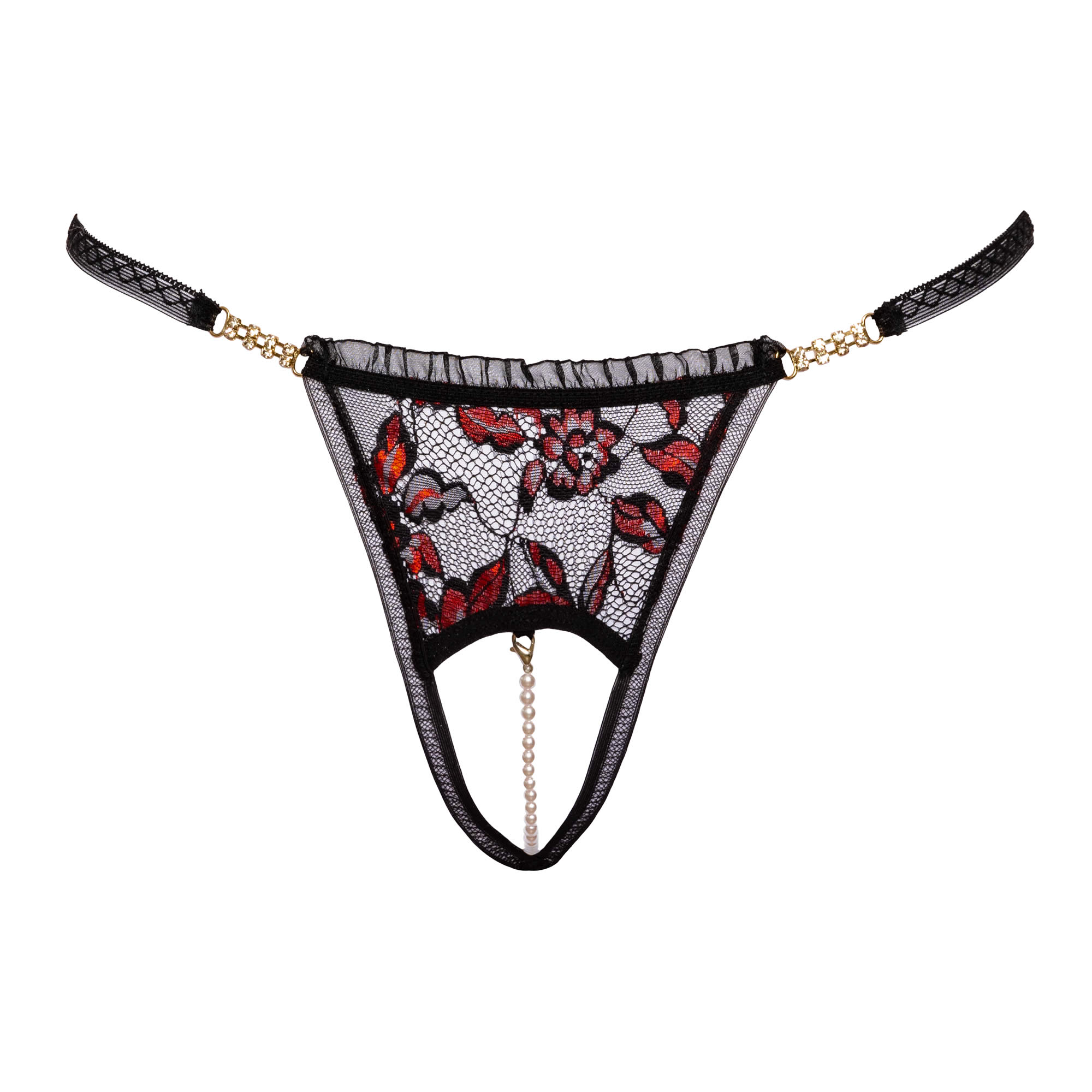 Pearl Thong in red and black lace with rhinestones
