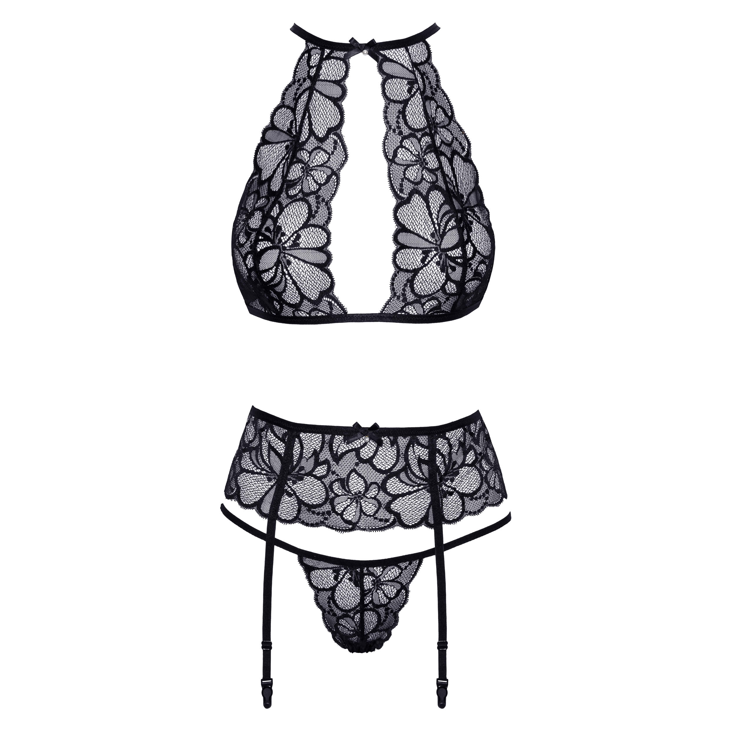 Kissable Lace Lingerie Set in Black with Suspenders