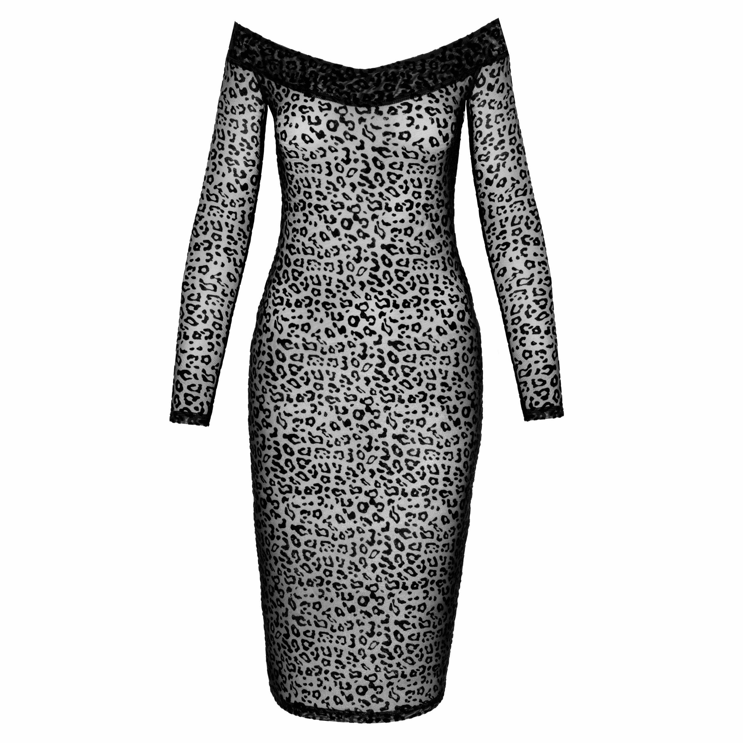 Noir Leopard Nylon Dress with Flock Print and Lace Neckline