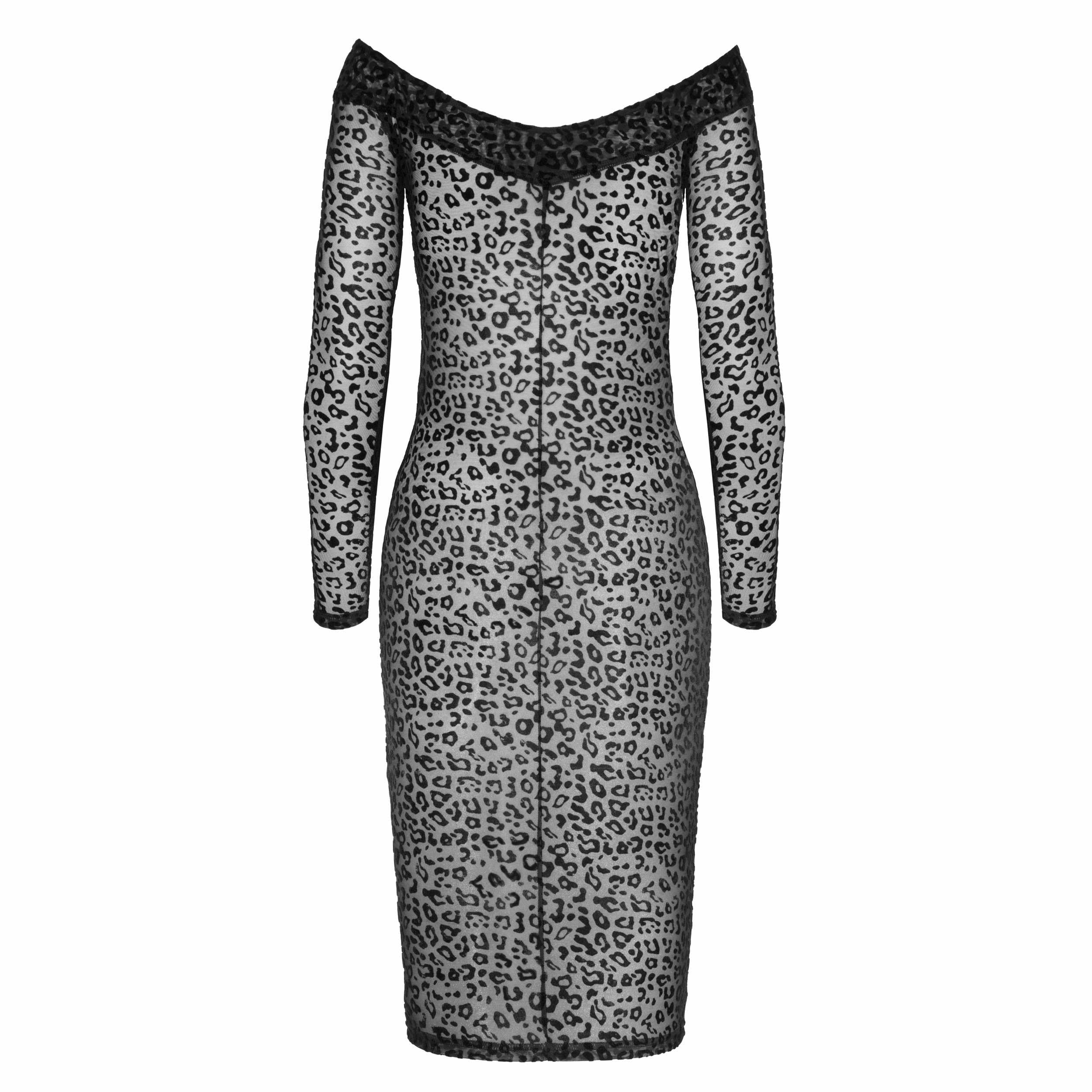 Noir Leopard Nylon Dress with Flock Print and Lace Neckline