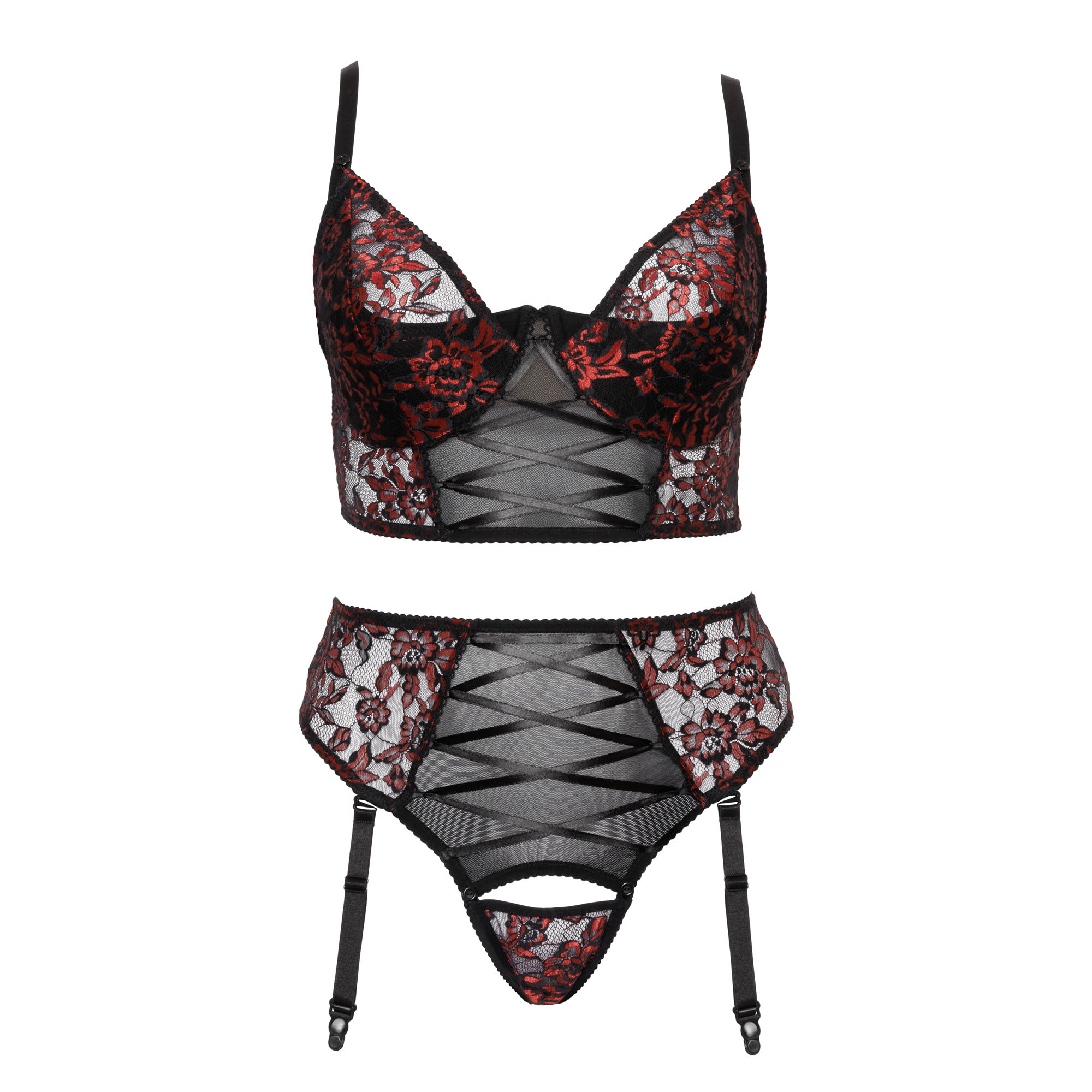 Plus Size Longline bra and suspender thong set in red and black