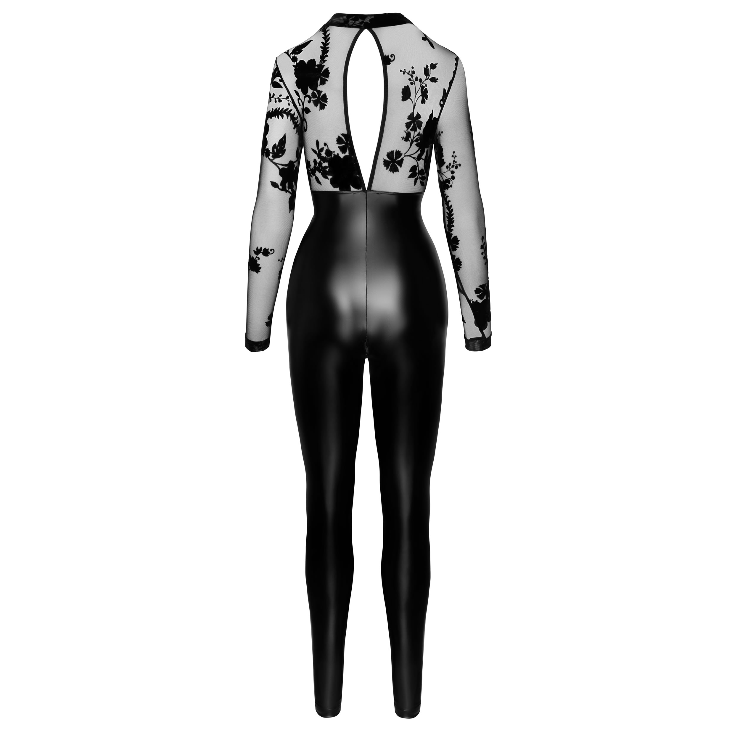 Noir Wetlook Jumpsuit med Transparent Top og Velour Print