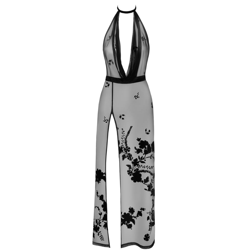 Noir Langes Transparentes Kleid mit Samtflockprint