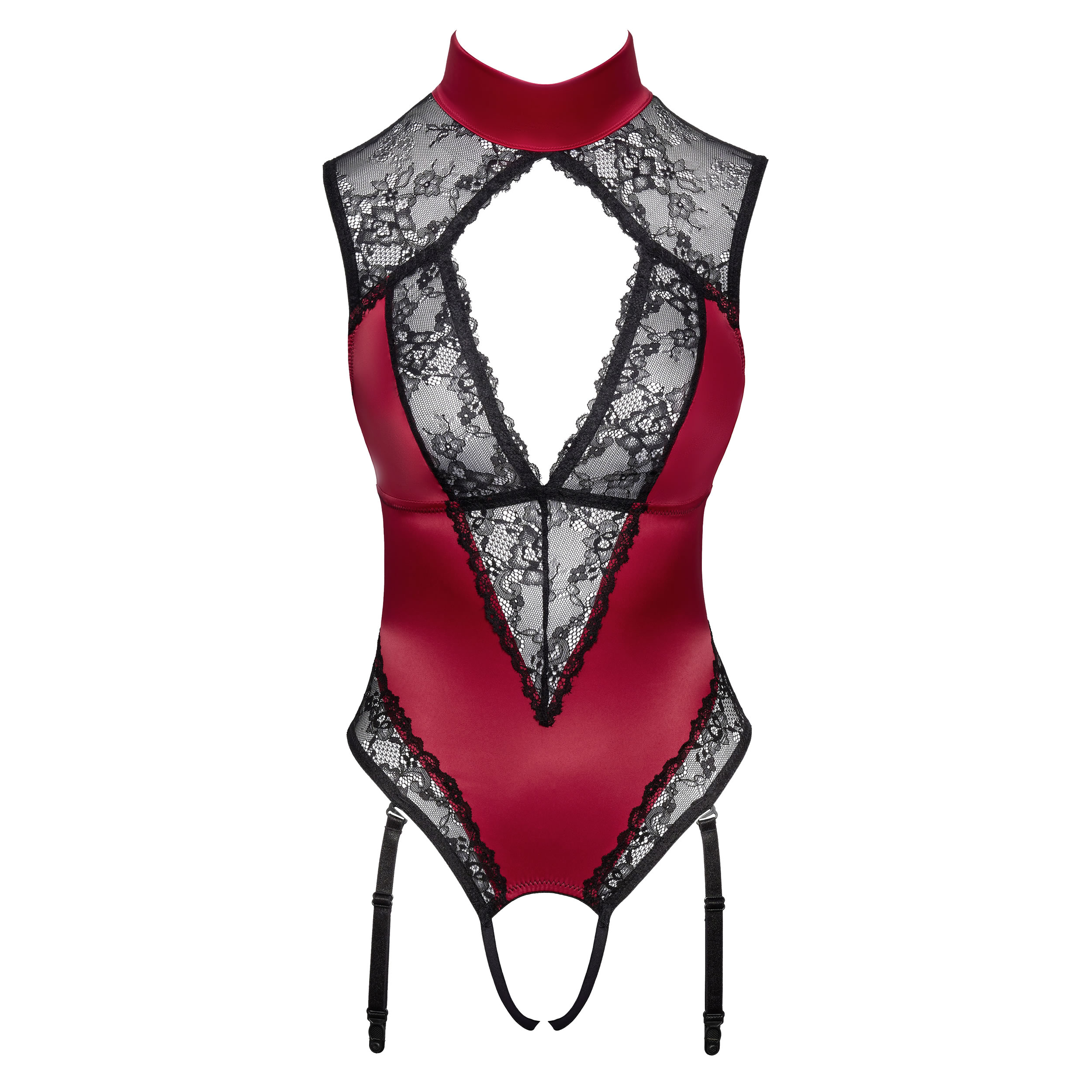 Crotchless Satin and Lace Bodysuit in Red and Black