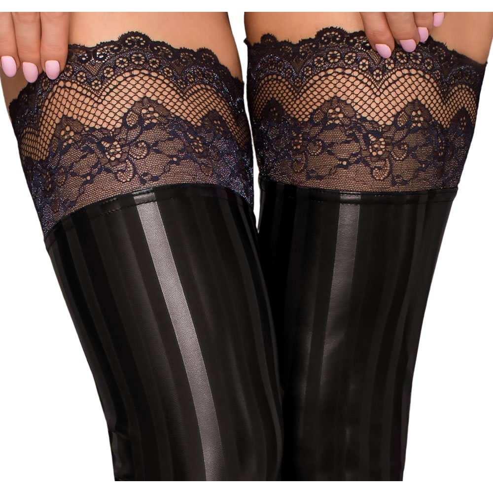 Noir Wetlook Stockings with Lace and Stripes