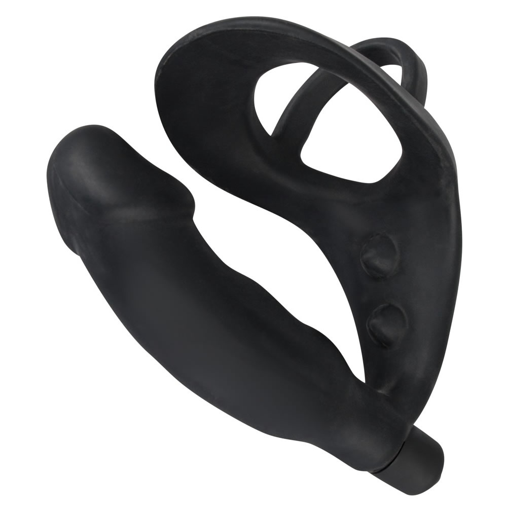 Black Velvets Vibro Cock Ring with Anal Plug in Silicone