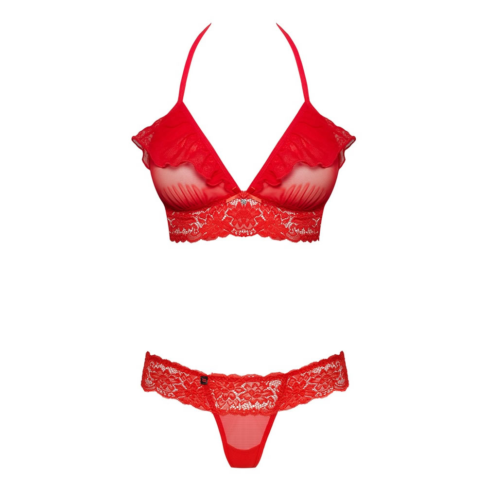 Obsessive Neckholder Bra with Thong in Red Lace