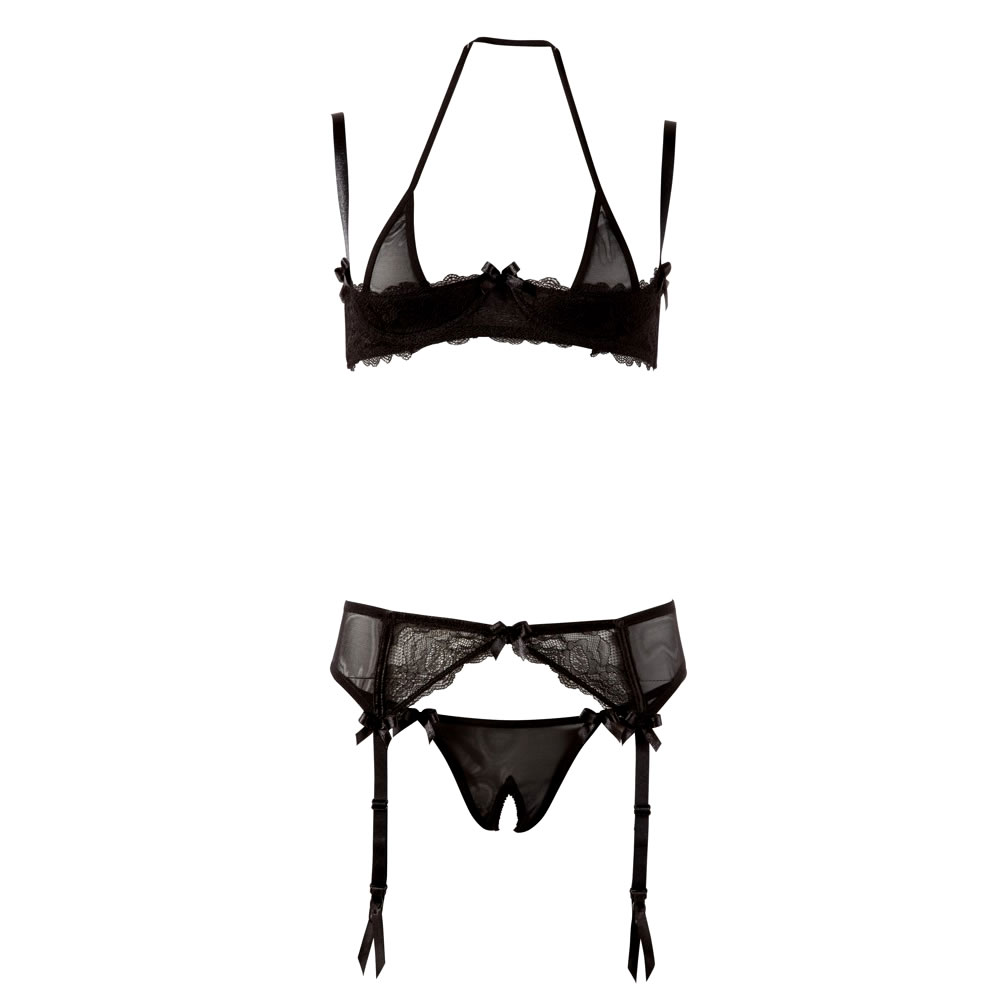 Black 1/4 Cup Bra with G-String and Suspender Belt