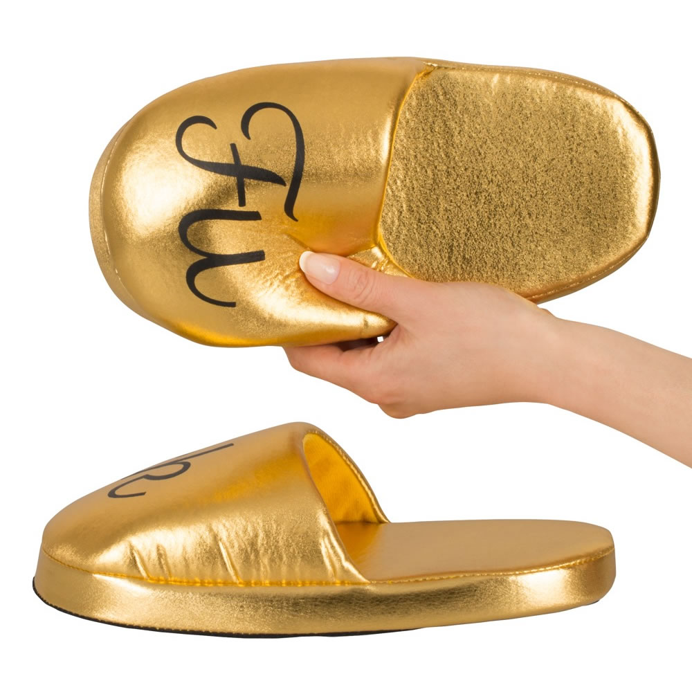 Gold Slippers with text FUCK