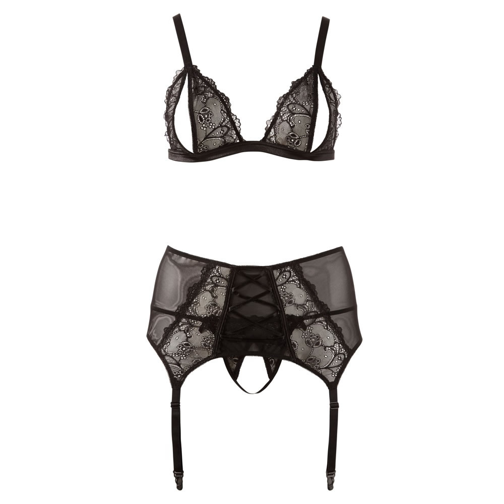 Plus Size Lace Bra with Suspender Belt and String in Black