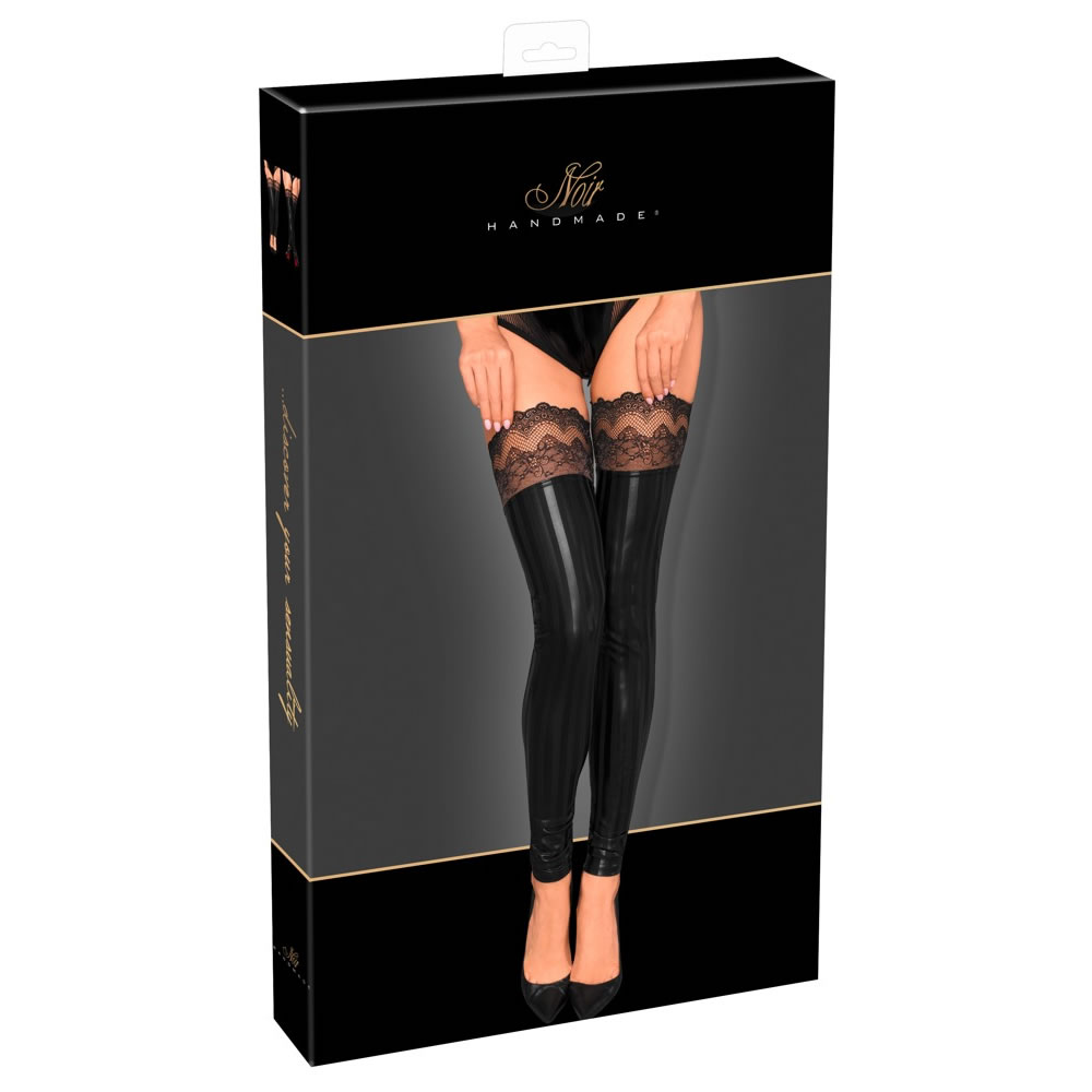 Noir Wetlook Stockings with Lace and Stripes