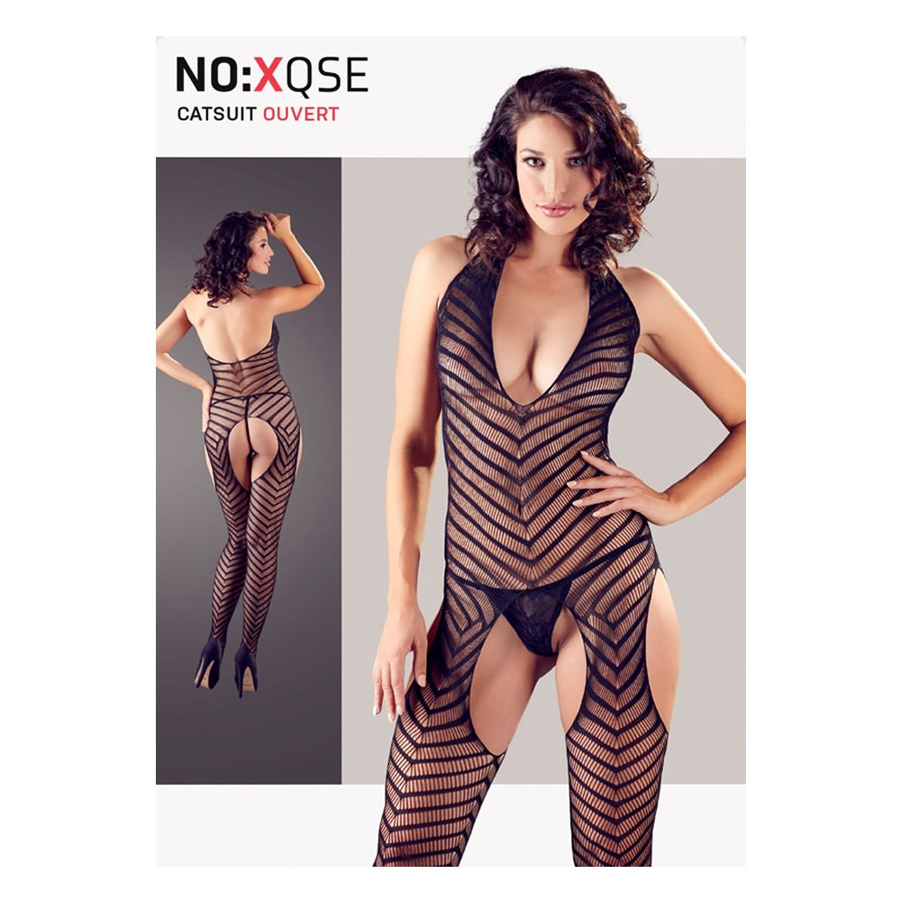 Stripped Net Catsuit with Suspender Design