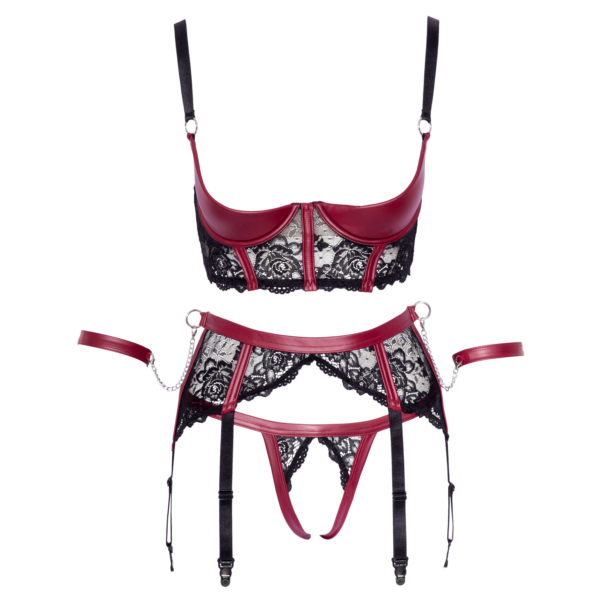 Bondage Wetlook Lingerie Set in Red and Black with Cuffs