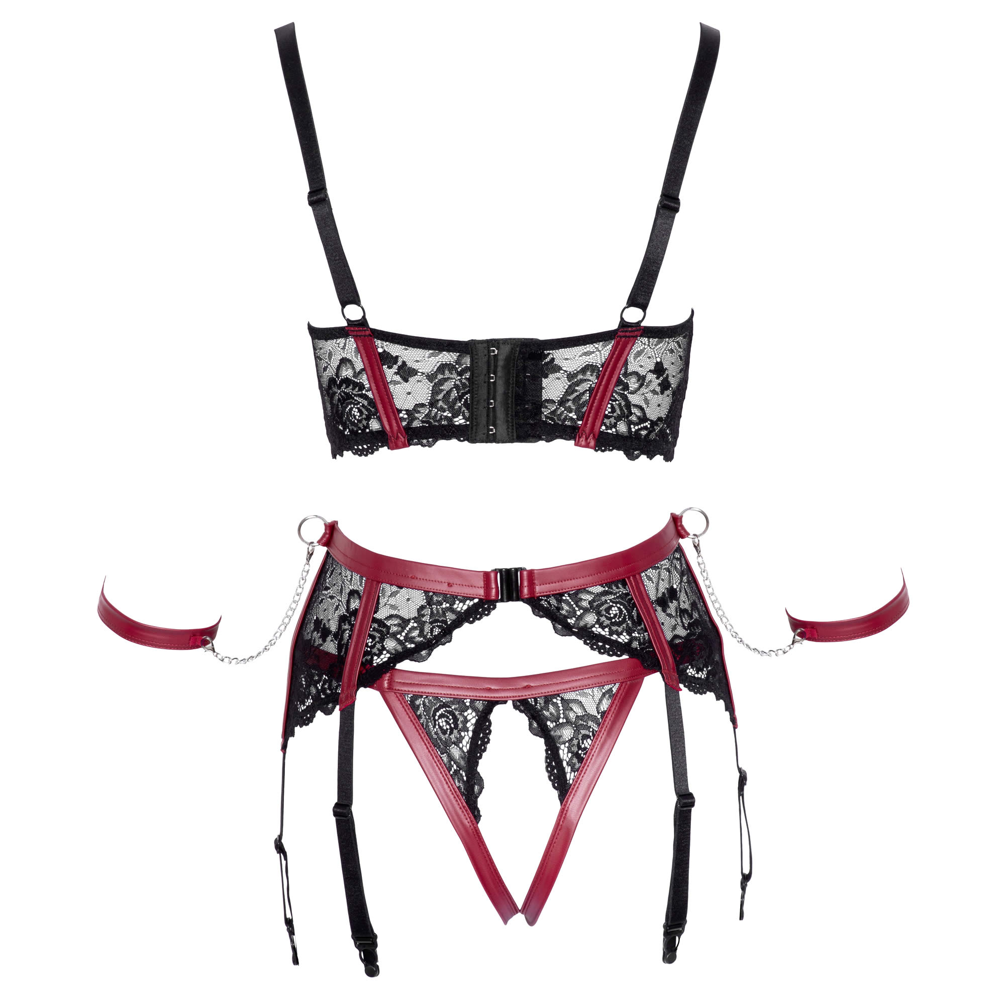 Bondage Wetlook Lingerie Set in Red and Black with Cuffs