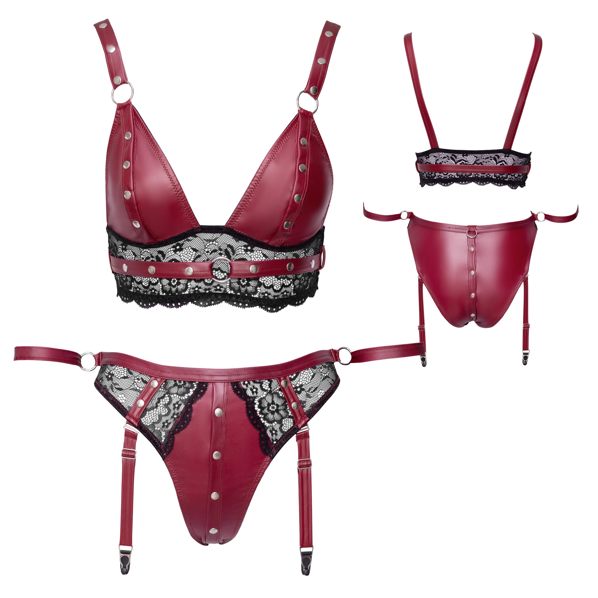Red Wetlook Lingerie Set with Bralette, Cuffs and Lace