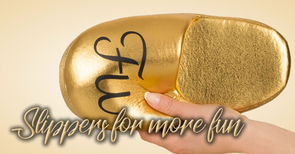 Gold Slippers with text FUCK