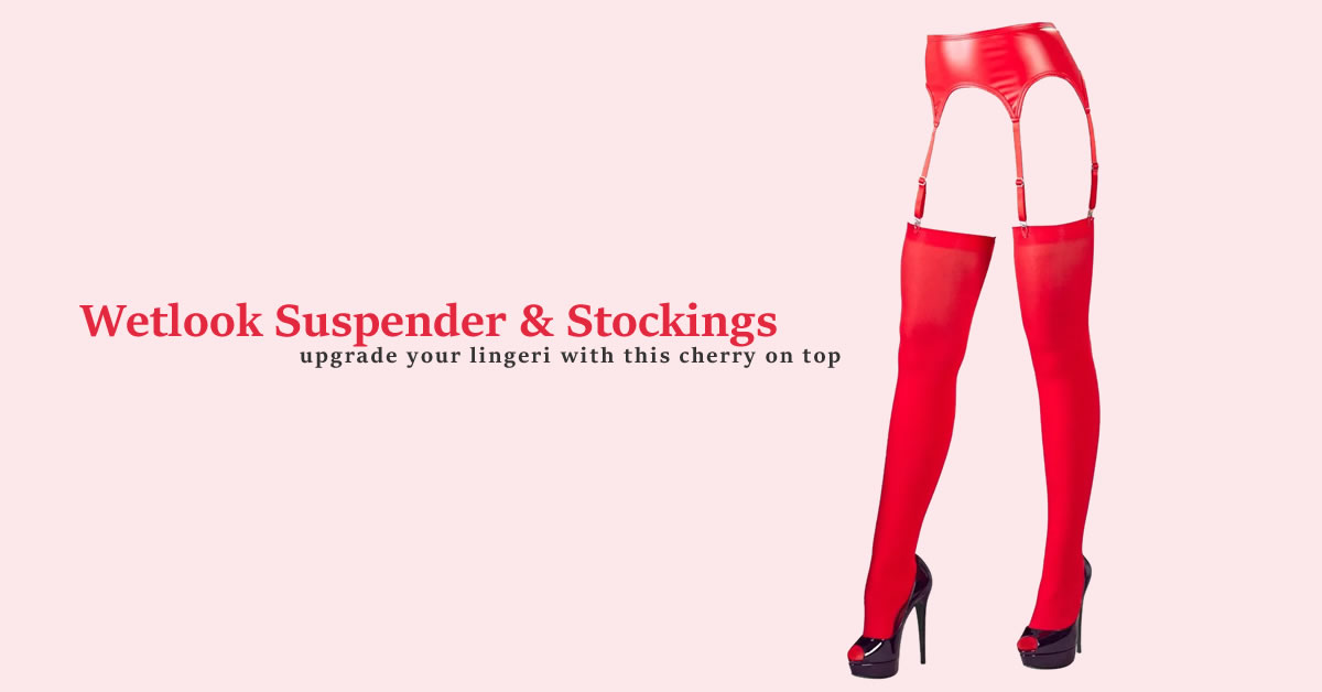 Wetlook Suspender Belt in Red with Stockings