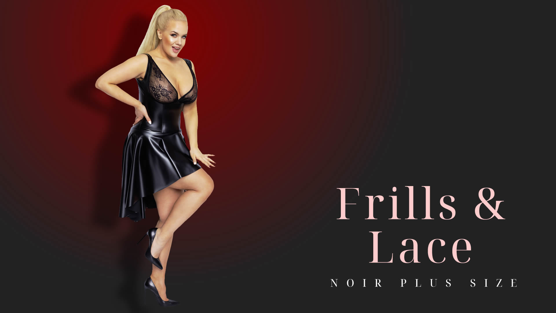 Noir Plus Size Wetlook Dress with Frills and Lace Top