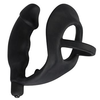 Black Velvets Vibro Cock Ring with Anal Plug in Silicone