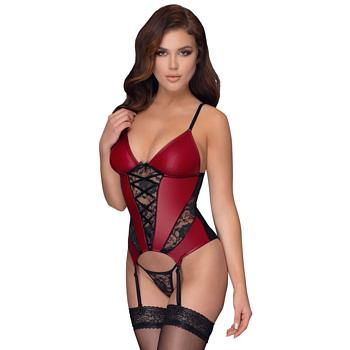 Wetlook Basque in Red with Black Lace