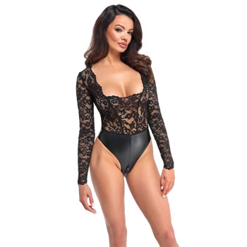 Noir Wetlook and Lace Body with Crotch Zipper